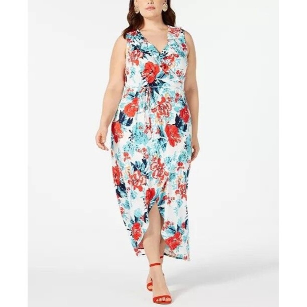 LOVE SQUARED Ivory Red Floral Wrap V Neck High Low Maxi Plus size Dress 2X